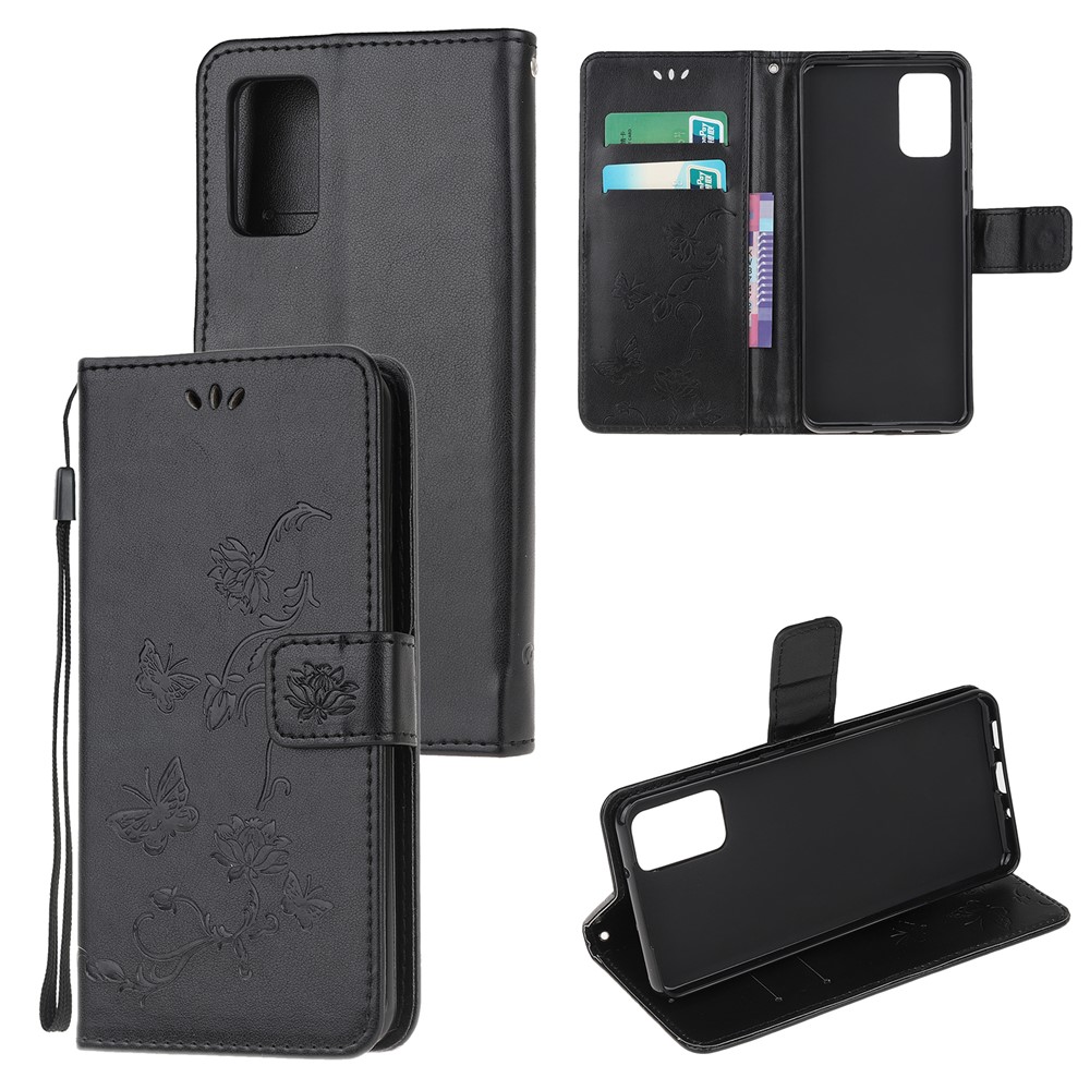 Imprint Butterfly Flowers Leather Shell Wallet Phone Case for Samsung Galaxy S20 Lite/S20 Fan Edition - Black-1