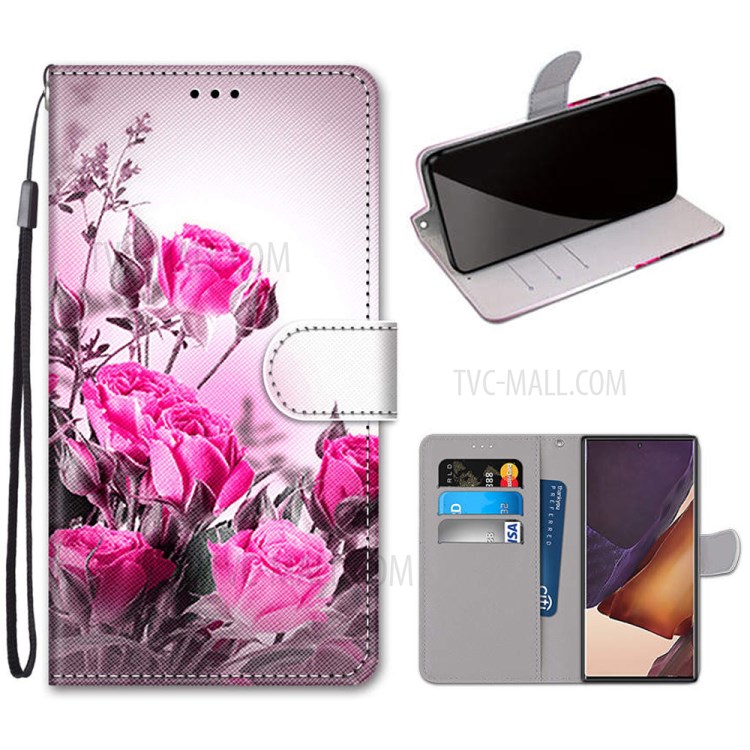 Pattern Printing Cross Texture Leather Wallet Phone Case with Strap for Samsung Galaxy Note20 Ultra/Note20 Ultra 5G - Rose-1