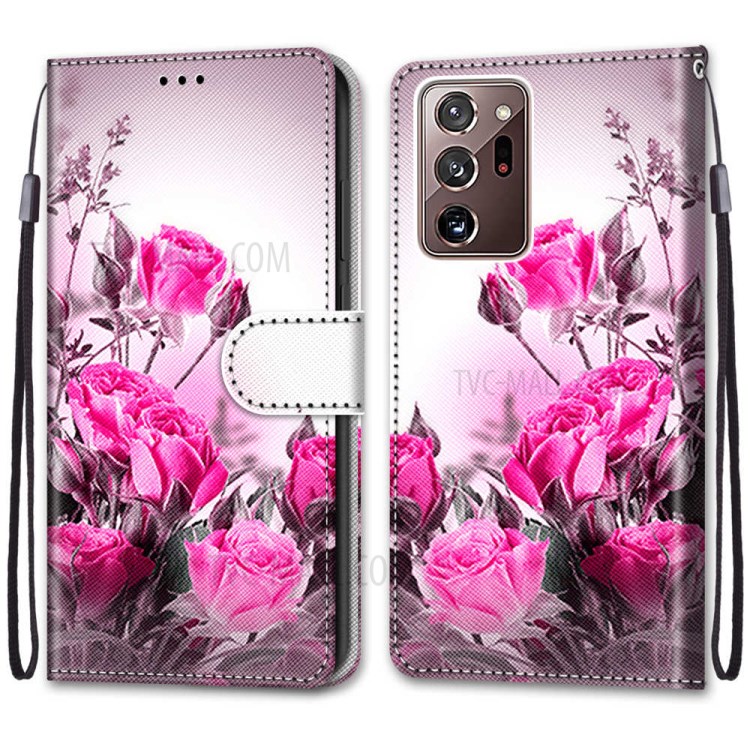 Pattern Printing Cross Texture Leather Wallet Phone Case with Strap for Samsung Galaxy Note20 Ultra/Note20 Ultra 5G - Rose-2