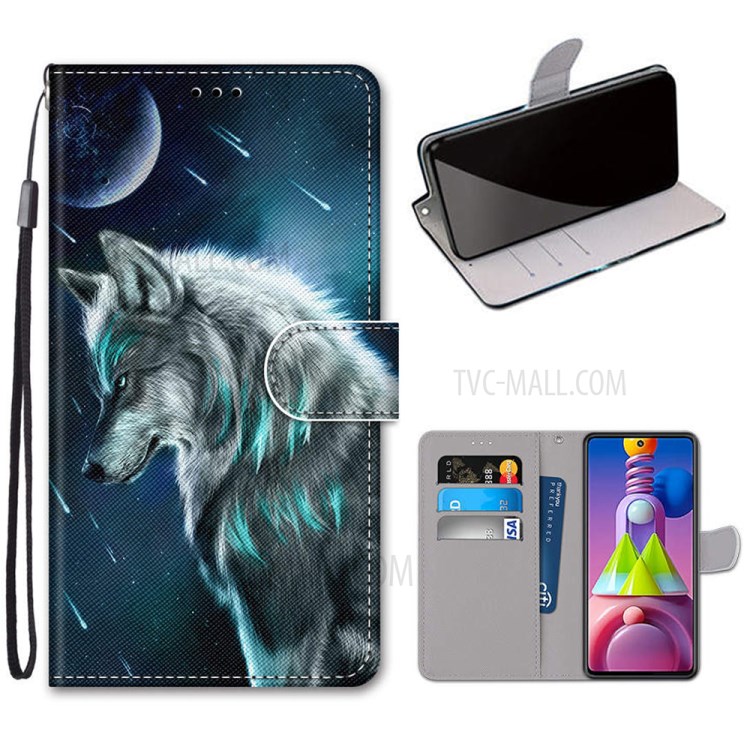 Pattern Printing Cross Texture Leather Wallet Phone Cover with Strap for Samsung Galaxy M51 - Wolf-1