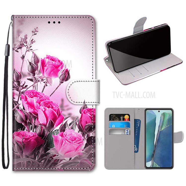 Pattern Printing Cross Texture Leather Wallet Phone Shell with Strap for Samsung Galaxy Note 20/Note 20 5G - Rose-1