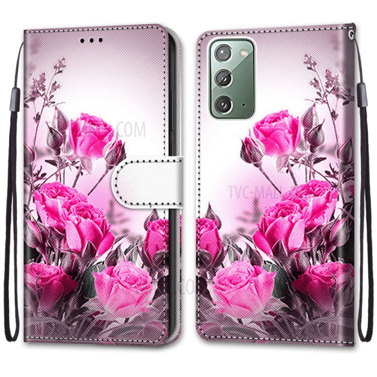 Pattern Printing Cross Texture Leather Wallet Phone Shell with Strap for Samsung Galaxy Note 20/Note 20 5G - Rose-2