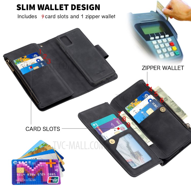 Zipper Pocket Detachable 2-in-1 Leather Wallet Stand Case for Samsung Galaxy A31 - Black-6