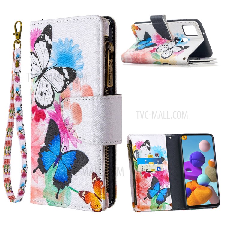 BF03 Pattern Printing Zipper Wallet Leather Phone Cover for Samsung Galaxy A21s - Blue and White Butterfly-1