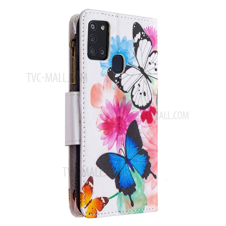 BF03 Pattern Printing Zipper Wallet Leather Phone Cover for Samsung Galaxy A21s - Blue and White Butterfly-2