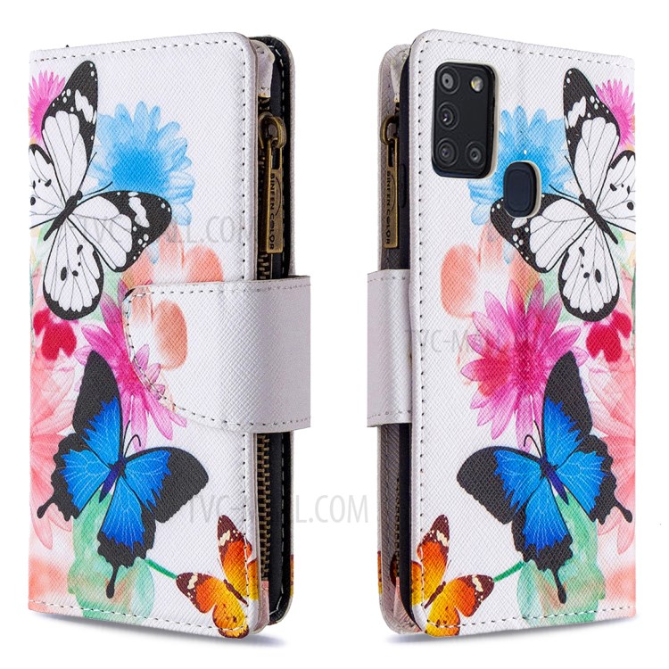 BF03 Pattern Printing Zipper Wallet Leather Phone Cover for Samsung Galaxy A21s - Blue and White Butterfly-3