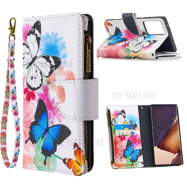 BF03 Pattern Printing Zipper Wallet Leather Phone Case for Samsung Galaxy Note20 Ultra/Note20 Ultra 5G - Blue and White Butterfly-1