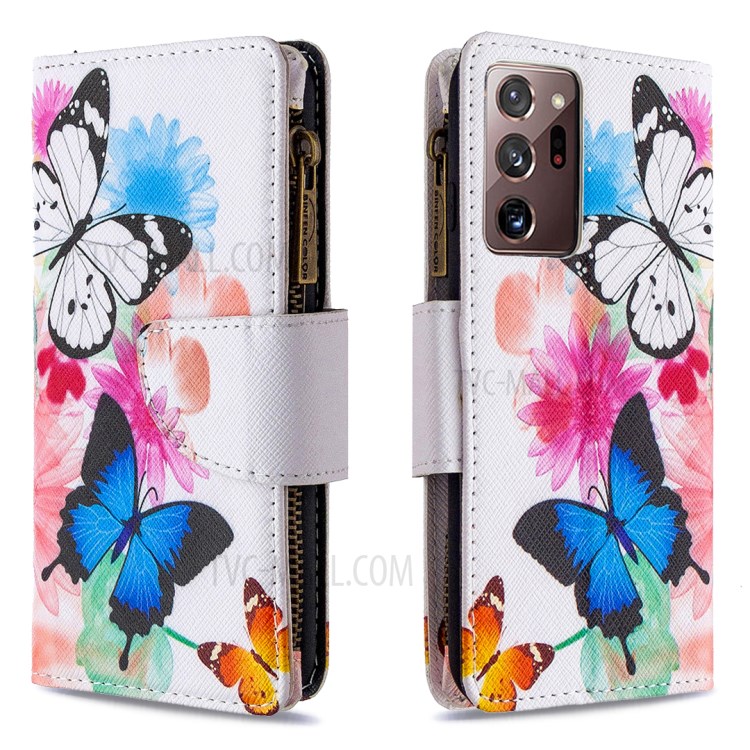 BF03 Pattern Printing Zipper Wallet Leather Phone Case for Samsung Galaxy Note20 Ultra/Note20 Ultra 5G - Blue and White Butterfly-3