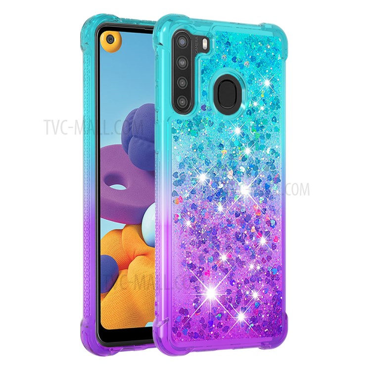 Shockproof Gradient Quicksand TPU Protector Cover for Samsung Galaxy A21 (US Version) - Cyan / Purple-3