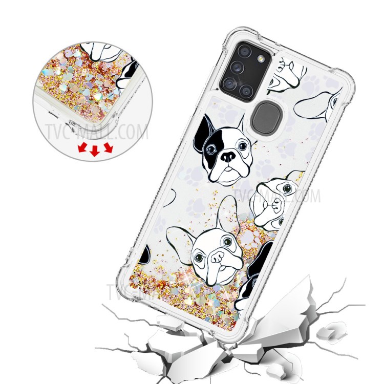 Liquid Glitter Powder Patterned Quicksand Shockproof TPU Back Case for Samsung Galaxy A21s - Dog-5