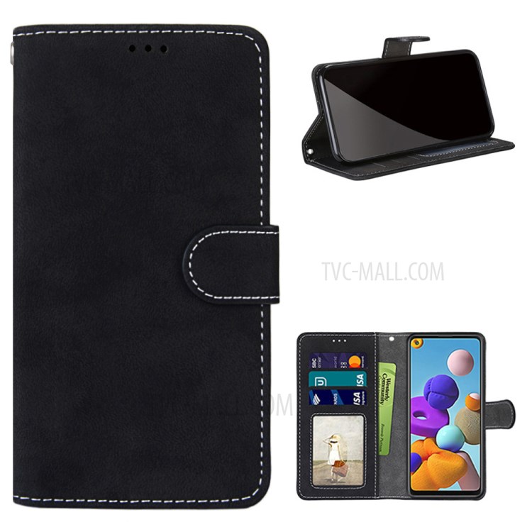 Retro Matte Wallet Leather Stand Case for Samsung Galaxy A21s - Black-1