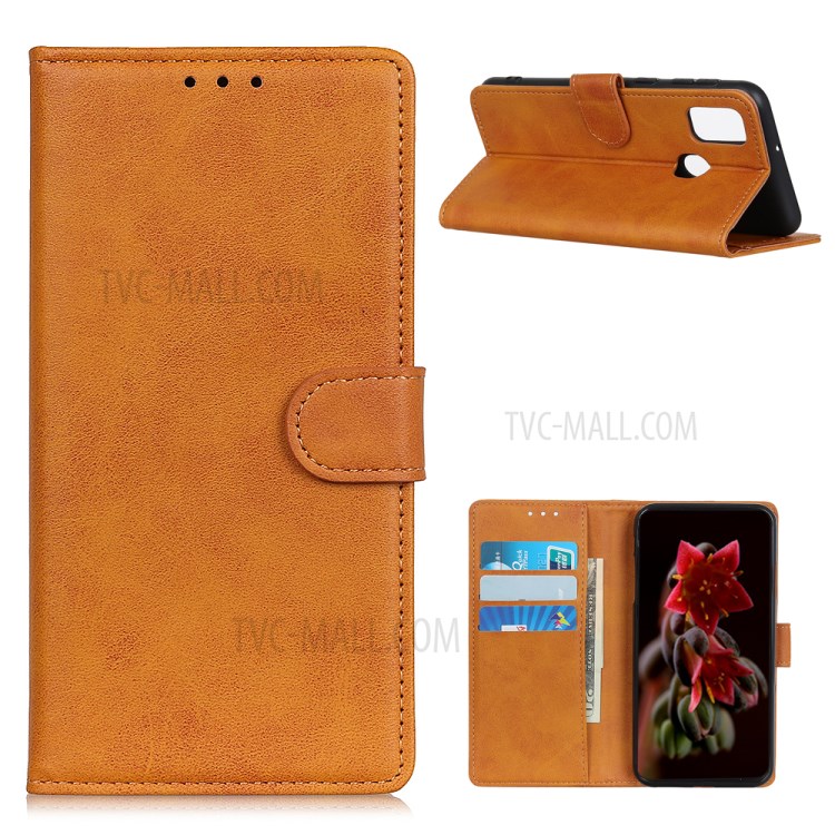 Matte Skin Leather Wallet Shell for Samsung Galaxy M51 - Brown-1