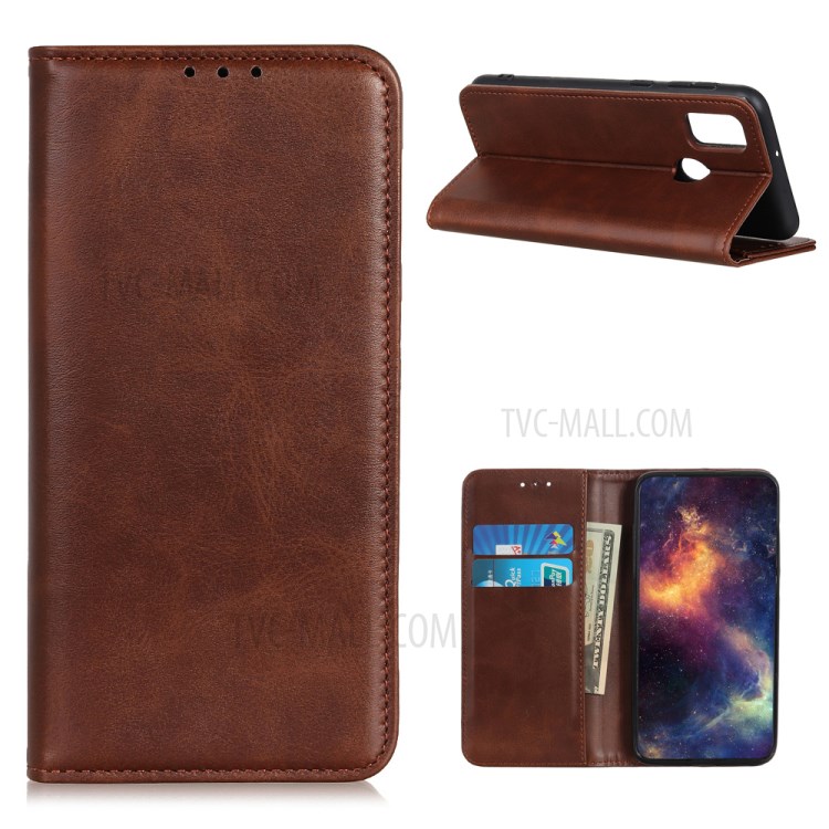 Auto-absorbed Split Leather Wallet Case for Samsung Galaxy M51 - Coffee-1