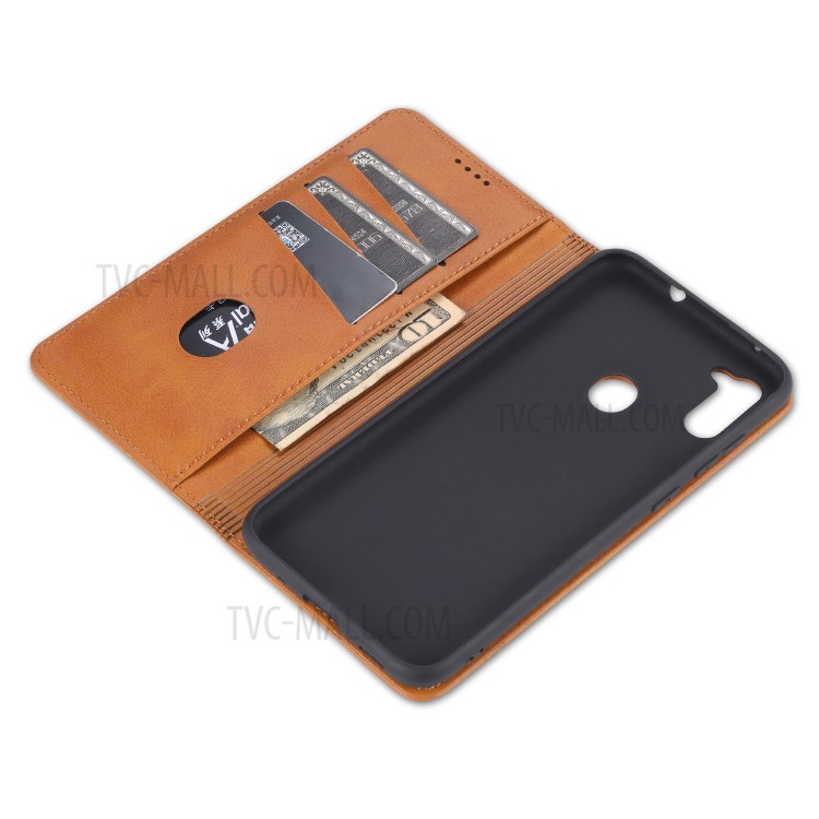 AZNS Auto-absorbed Leather Wallet Case for Samsung Galaxy A11 - Brown-9