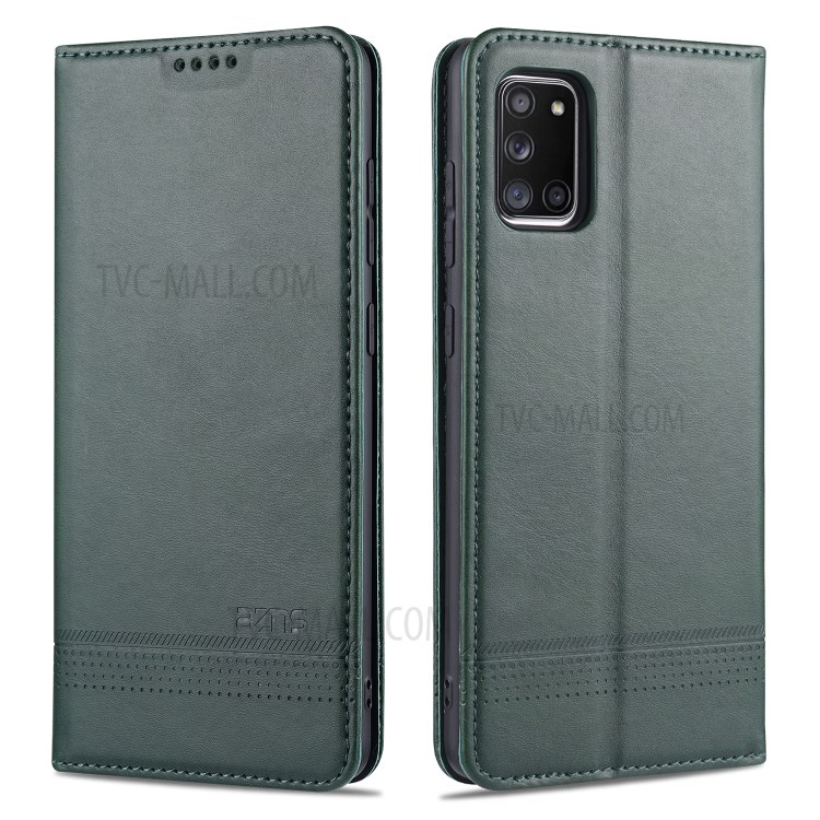 AZNS Auto-absorbed Leather Wallet Case Cover for Samsung Galaxy A31 - Blackish Green-1