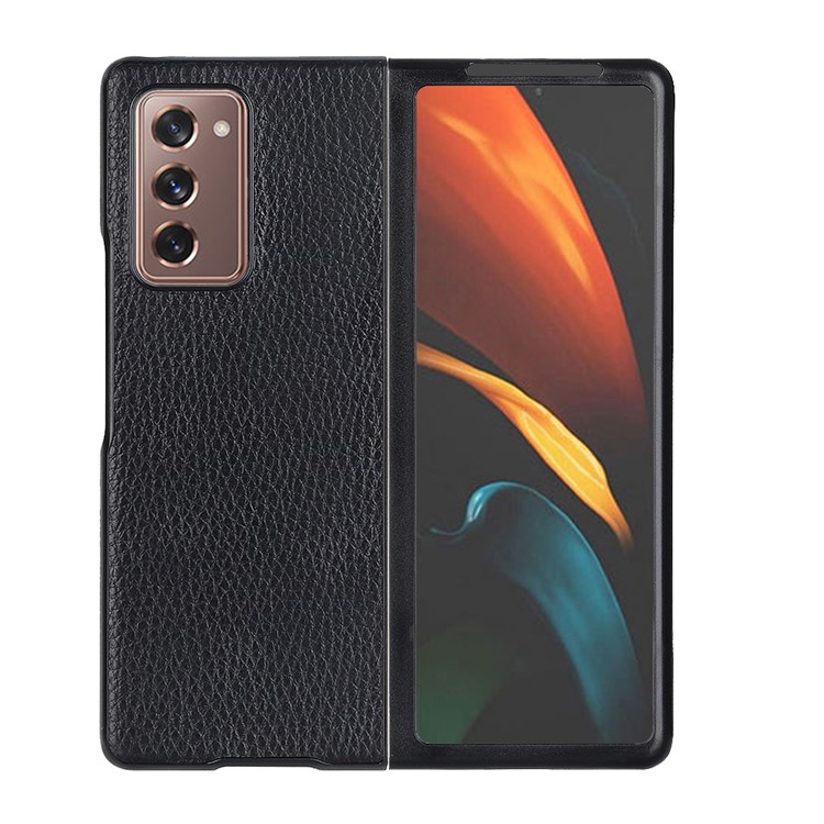Litchi Skin Genuine Leather Coated PC Case Shell for Samsung Galaxy Z Fold2 5G - Black-1