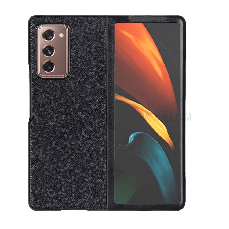 Cross Texture Genuine Leather Coated Hard PC Shell Case for Samsung Galaxy Z Fold2 5G - Black-1