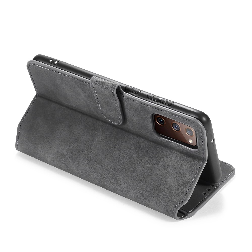 DG.MING Retro Style Leather Wallet Stand Phone Cover for Samsung Galaxy S20 FE - Grey-7