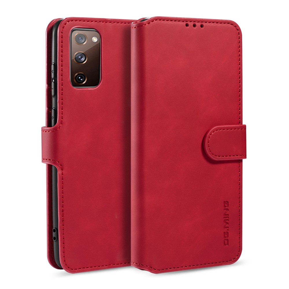 DG.MING Retro Style Leather Wallet Stand Phone Cover for Samsung Galaxy S20 FE - Red-2