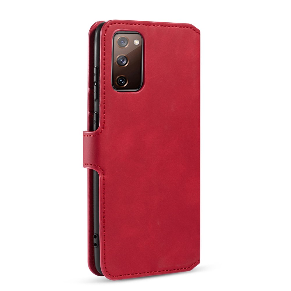 DG.MING Retro Style Leather Wallet Stand Phone Cover for Samsung Galaxy S20 FE - Red-4