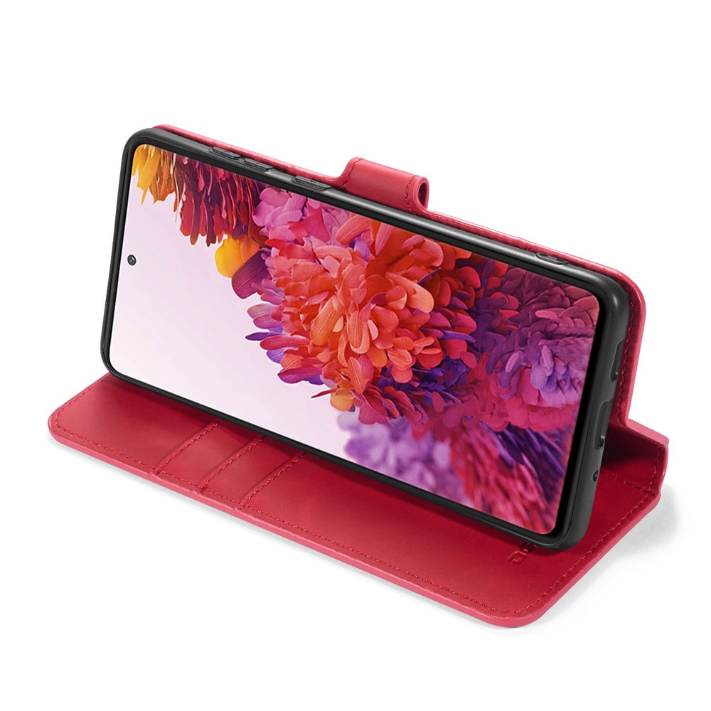 DG.MING Retro Style Leather Wallet Stand Phone Cover for Samsung Galaxy S20 FE - Red-6