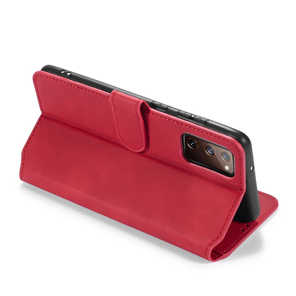 DG.MING Retro Style Leather Wallet Stand Phone Cover for Samsung Galaxy S20 FE - Red-7