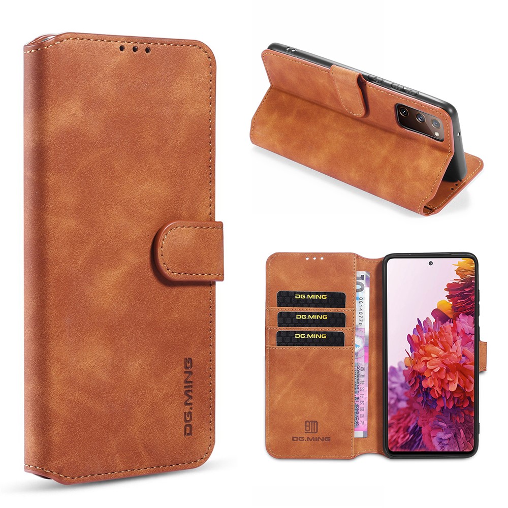 DG.MING Retro Style Leather Wallet Stand Phone Cover for Samsung Galaxy S20 FE - Brown-1