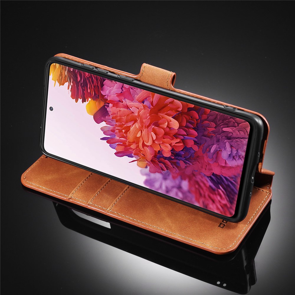 DG.MING Retro Style Leather Wallet Stand Phone Cover for Samsung Galaxy S20 FE - Brown-10