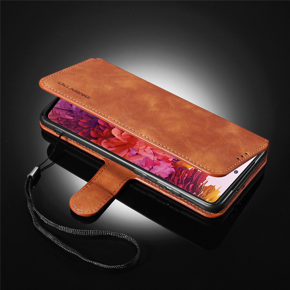 DG.MING Retro Style Leather Wallet Stand Phone Cover for Samsung Galaxy S20 FE - Brown-12