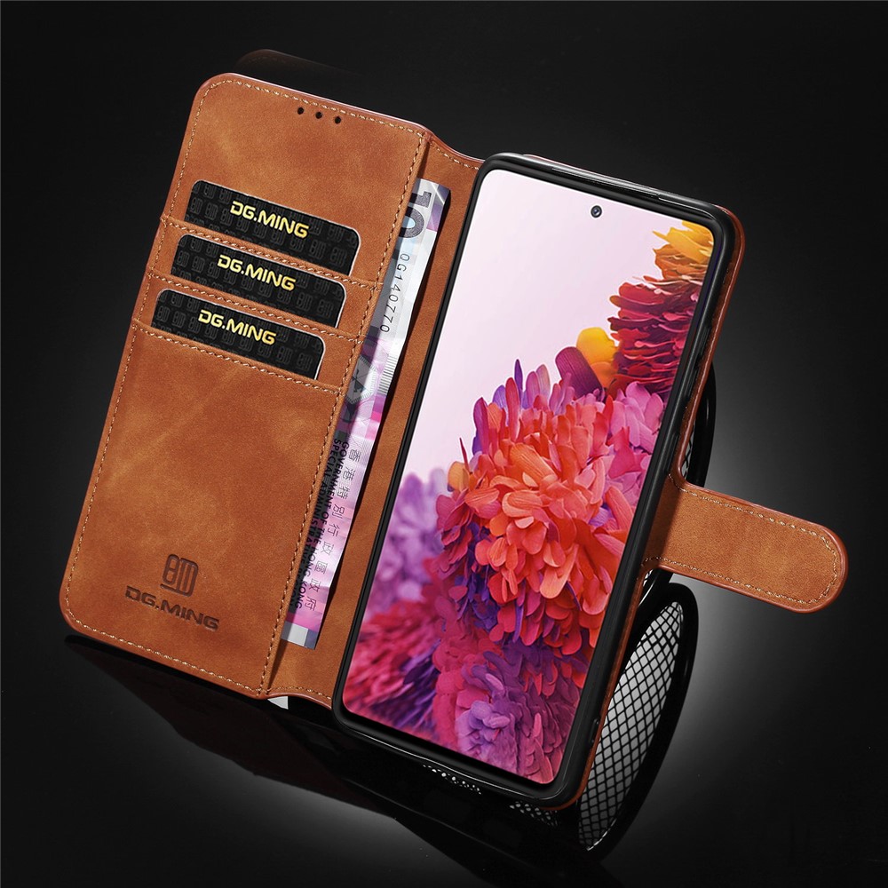 DG.MING Retro Style Leather Wallet Stand Phone Cover for Samsung Galaxy S20 FE - Brown-13