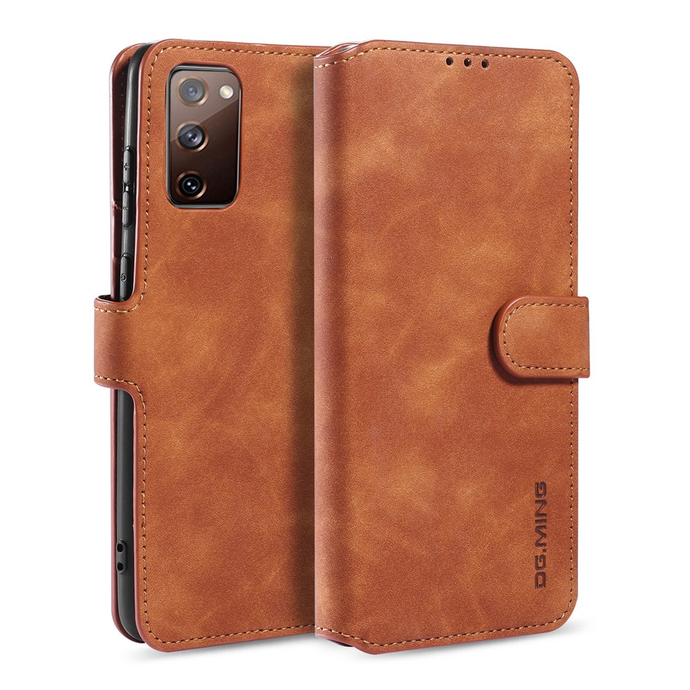 DG.MING Retro Style Leather Wallet Stand Phone Cover for Samsung Galaxy S20 FE - Brown-2