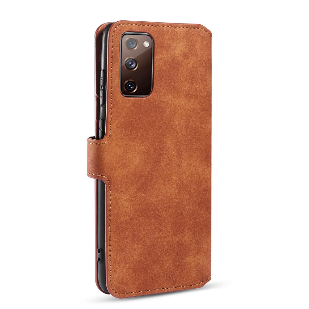 DG.MING Retro Style Leather Wallet Stand Phone Cover for Samsung Galaxy S20 FE - Brown-4