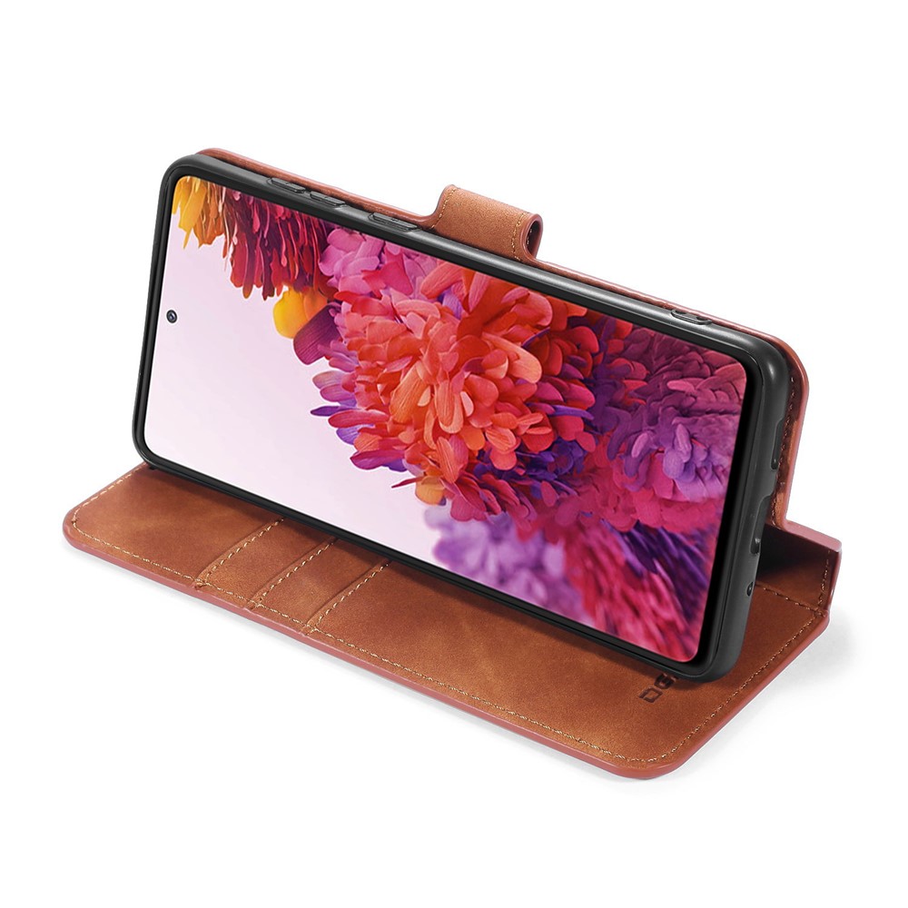 DG.MING Retro Style Leather Wallet Stand Phone Cover for Samsung Galaxy S20 FE - Brown-6