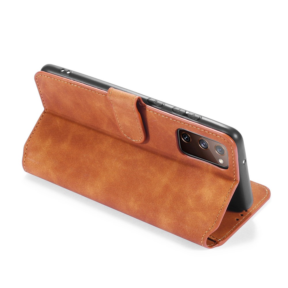 DG.MING Retro Style Leather Wallet Stand Phone Cover for Samsung Galaxy S20 FE - Brown-7