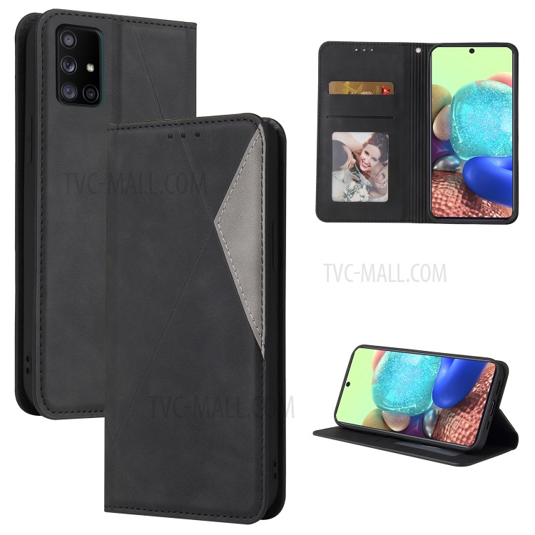 Silky Touch Rhombus Pattern Splicing Leather Stand Shell Case for Samsung Galaxy A71 SM-A715 - Black-1