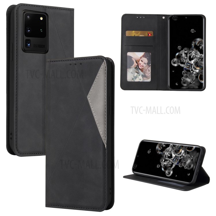 Silky Touch Rhombus Pattern Splicing Leather Stand Cover for Samsung Galaxy Note20 Ultra/Note20 Ultra 5G - Black-1