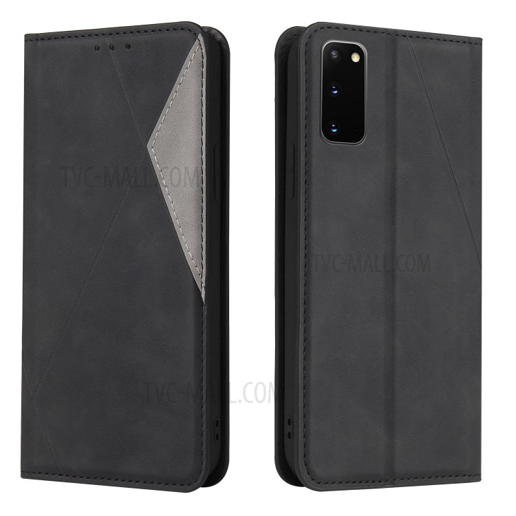 Silky Touch Rhombus Pattern Splicing Leather Stand Case for Samsung Galaxy S20 - Black-5