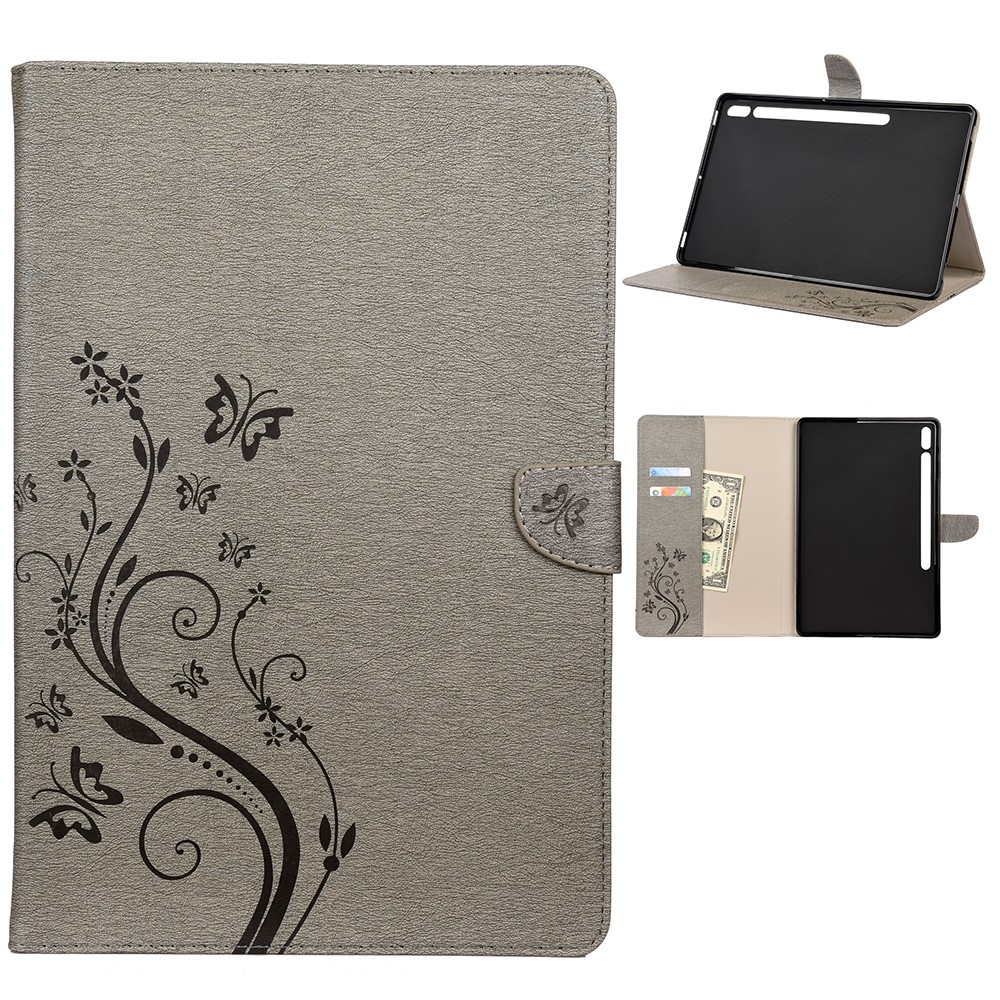 Butterflies Imprint Wallet Stand Flip Leather Tablet Cover for Samsung Galaxy Tab S7 Plus/T970 - Grey-1