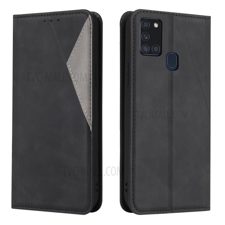 Geometric Splicing Card Slots Stand Leather Phone Case for Samsung Galaxy A21s - Black-5