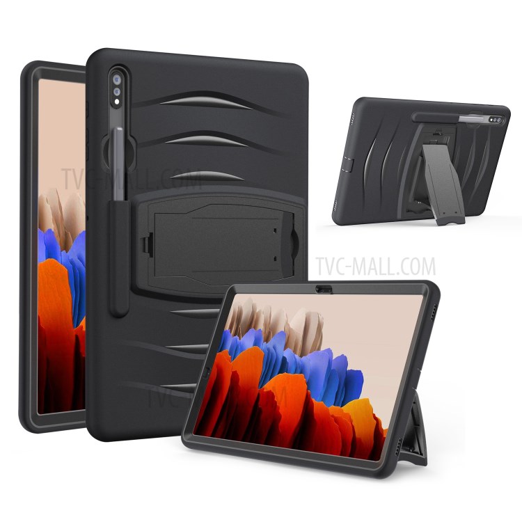 Shockproof PC + Silicone Tablet Cover with Kickstand Pen Slot for Samsung Galaxy Tab S7 Plus - Black-1