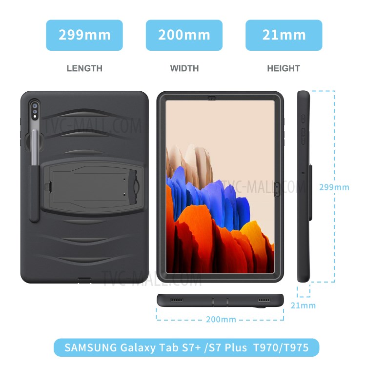 Shockproof PC + Silicone Tablet Cover with Kickstand Pen Slot for Samsung Galaxy Tab S7 Plus - Black-11