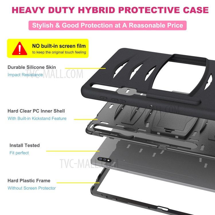 Shockproof PC + Silicone Tablet Cover with Kickstand Pen Slot for Samsung Galaxy Tab S7 Plus - Black-9