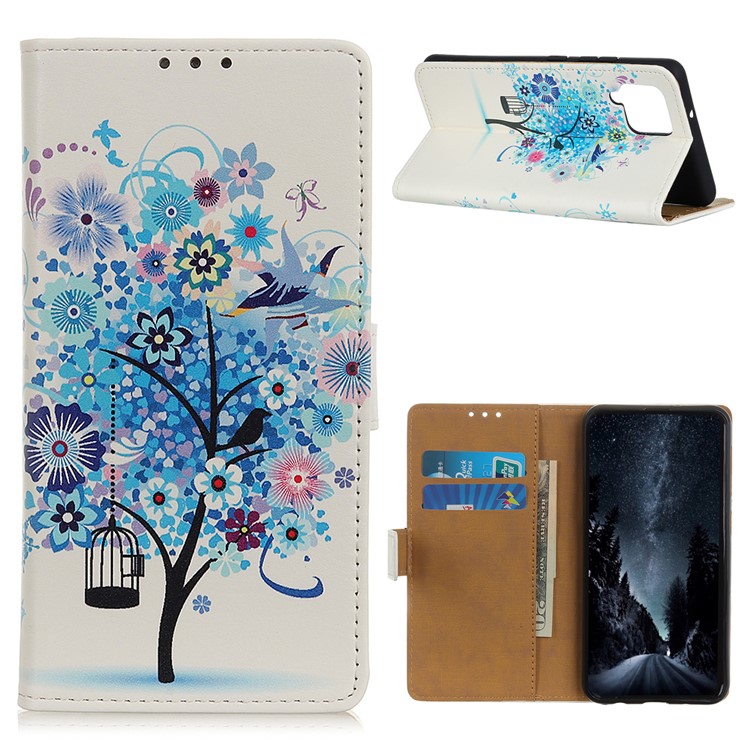 Pattern Printing PU Leather Wallet Stand Phone Shell for Samsung Galaxy A42 5G - Blue Tree with Birdcage-1