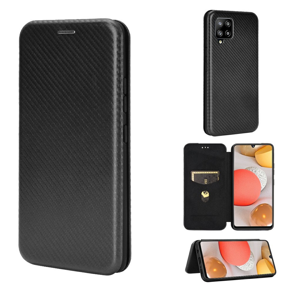 Pour Samsung Galaxy A42 5G Texture en Fibre de Carbone Étui de Téléphone en Cuir Auto-absorbé Flip Protective Couvercle Avec Support de Carte - le Noir