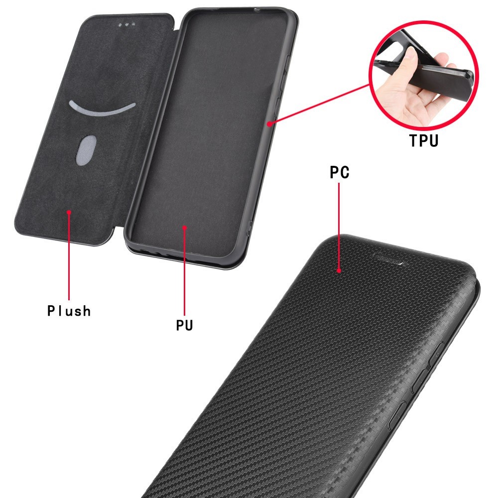 Para Samsung Galaxy A42 5G Fiber de Carbono Textura Caja de Teléfono de Cuero Auto Absorbido Por la Cubierta Protectora Con Soporte de Tarjeta - Negro