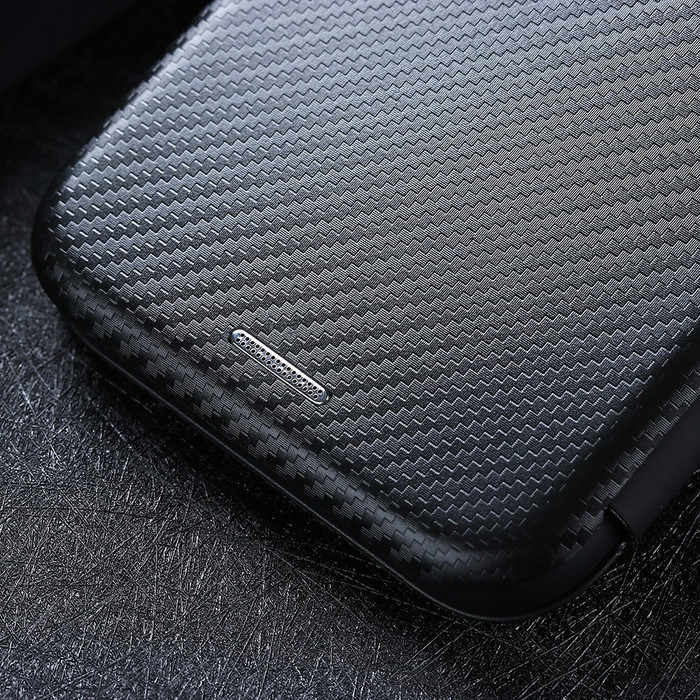 Para Samsung Galaxy A42 5G Fiber de Carbono Textura Caja de Teléfono de Cuero Auto Absorbido Por la Cubierta Protectora Con Soporte de Tarjeta - Negro