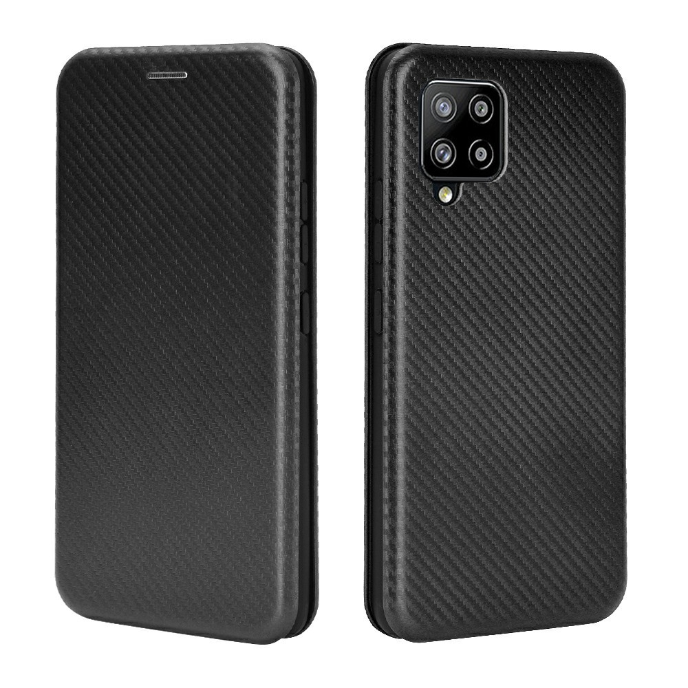 Pour Samsung Galaxy A42 5G Texture en Fibre de Carbone Étui de Téléphone en Cuir Auto-absorbé Flip Protective Couvercle Avec Support de Carte - le Noir