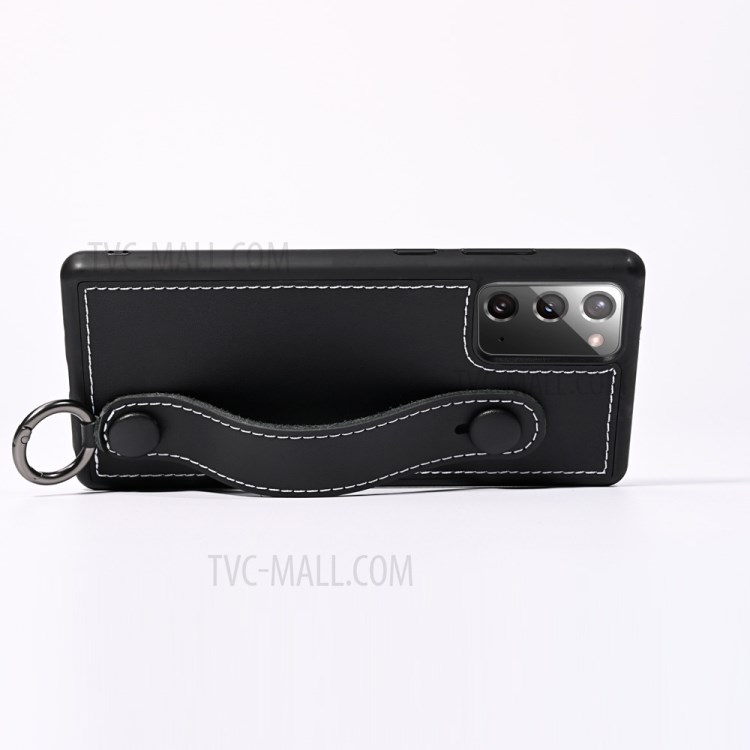 Phone Case TPU+Genuine Leather with Strap Kickstand Shell for Samsung Galaxy S20 - Black-4