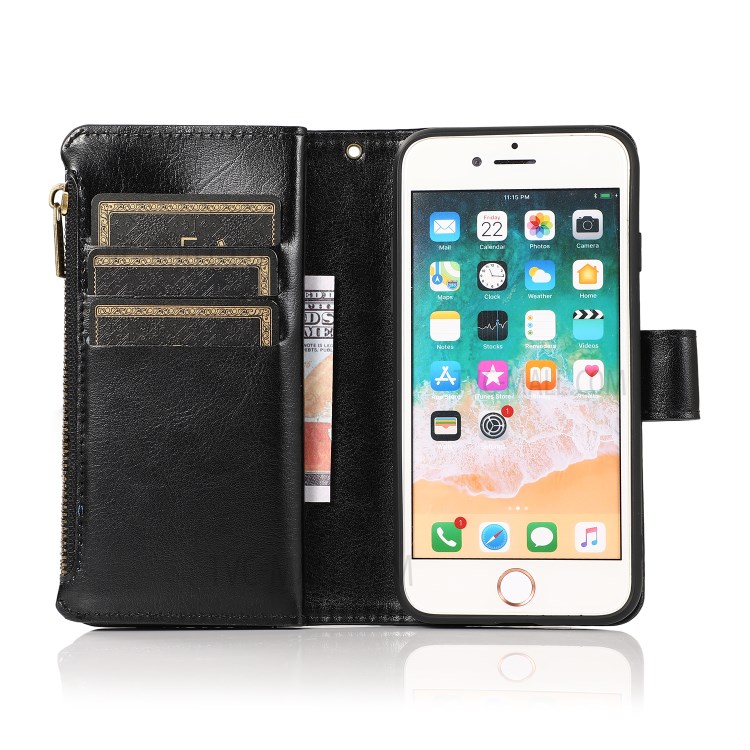 Crazy Horse Leather Coated TPU Wallet Phone Stand Case with 9 Card Slots Kickstand Shell for iPhone 7 / 8 / SE (2nd Generation) - Black-4