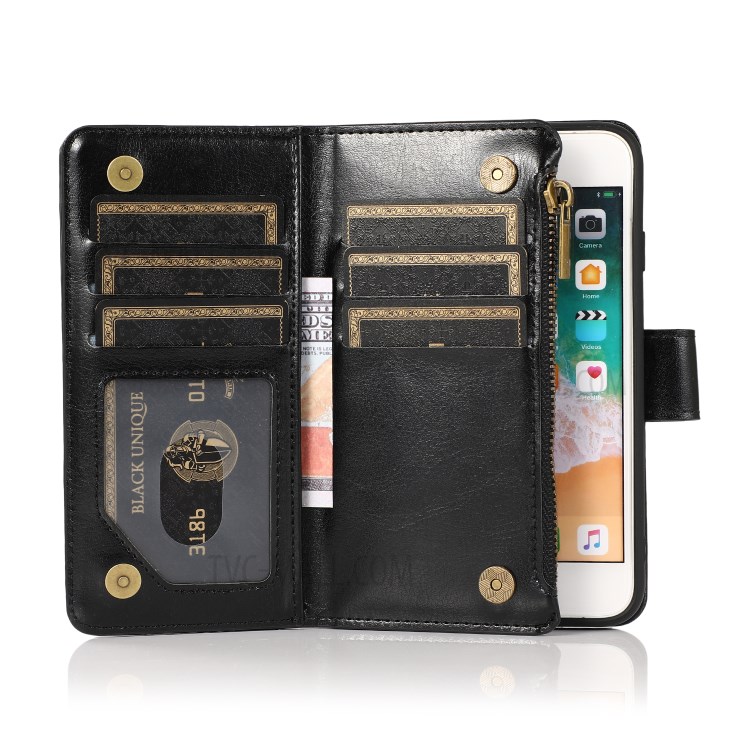 Crazy Horse Leather Coated TPU Wallet Phone Stand Case with 9 Card Slots Kickstand Shell for iPhone 7 / 8 / SE (2nd Generation) - Black-5